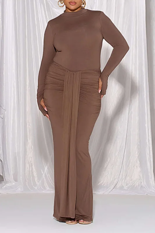 Plus Size Long Sleeve Tie Front Ruched Maxi Dress Midi Maxi Outfit