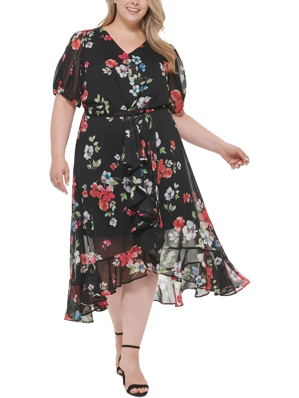 Plus Womens Chiffon Floral Maxi Dress Layered Maxi Skirt