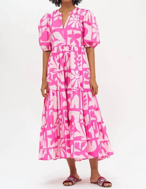 Puff Sleeve Maxi Dress In Twiggy Pink Pleated Floral Maxi