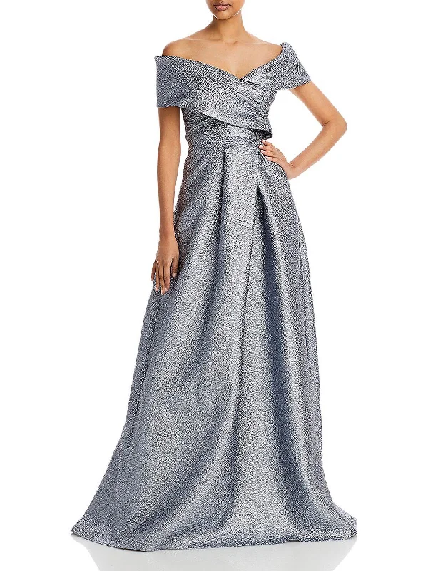 Womens Metallic Maxi Evening Dress Soft Ruffled Maxi