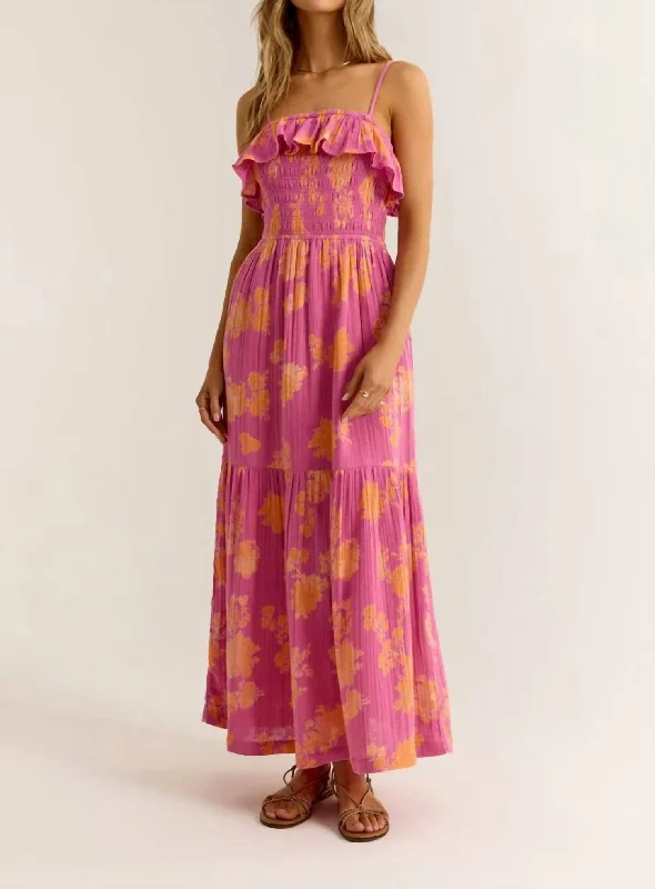 Bahari Sunshine Floral Midi Dress In Raspberry Sorbet Soft Pleated Midi