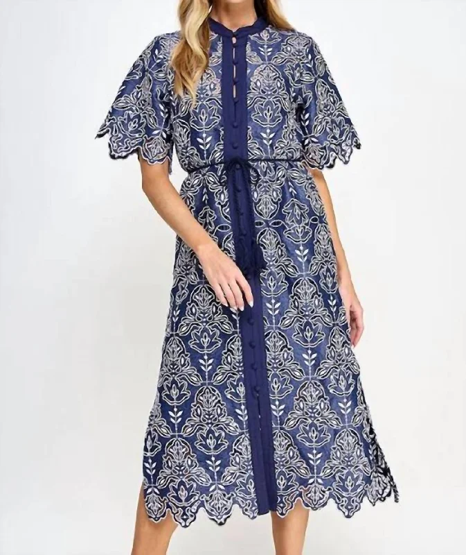 Button Down Eyelet Midi Dress In Navy Front Button Midi