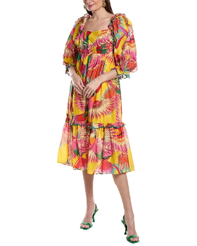 FARM RIO COLORFUL TOUCANS SCALOPS MIDI DRESS Ruffled Floral Skirt