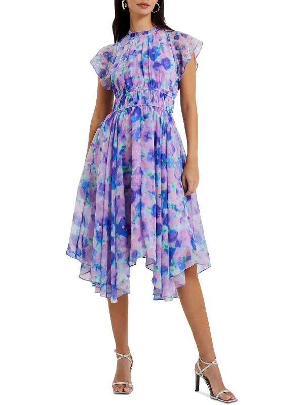 Gretha Crinkle Womens Printed Handkerchief Hem Midi Dress Ruffled Floral Skirt