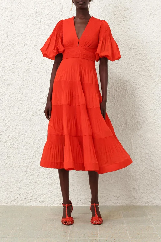 Pleated Midi Dress In Tomato Button-down Midi Skirt