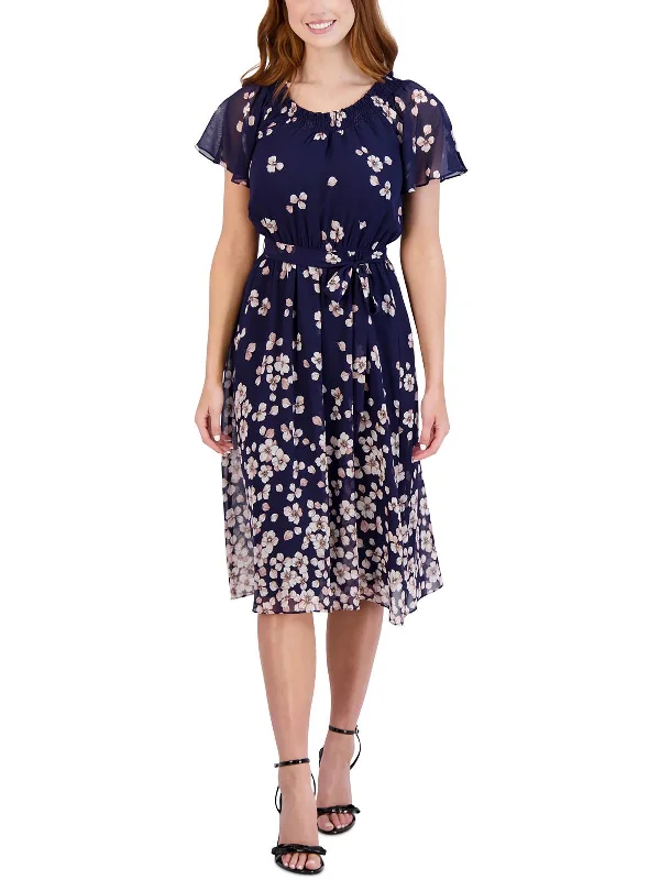 Womens Smocked Mid-Calf Midi Dress Elegant A-line Skirt