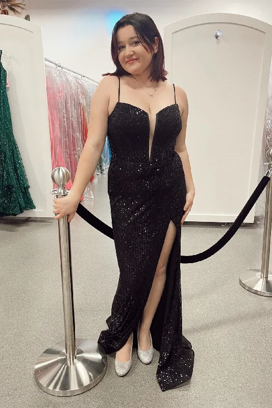 Black Lace-Up Sequins Mermaid Deep V Neck Long Prom Dress with Slit Sequin Dress Glam