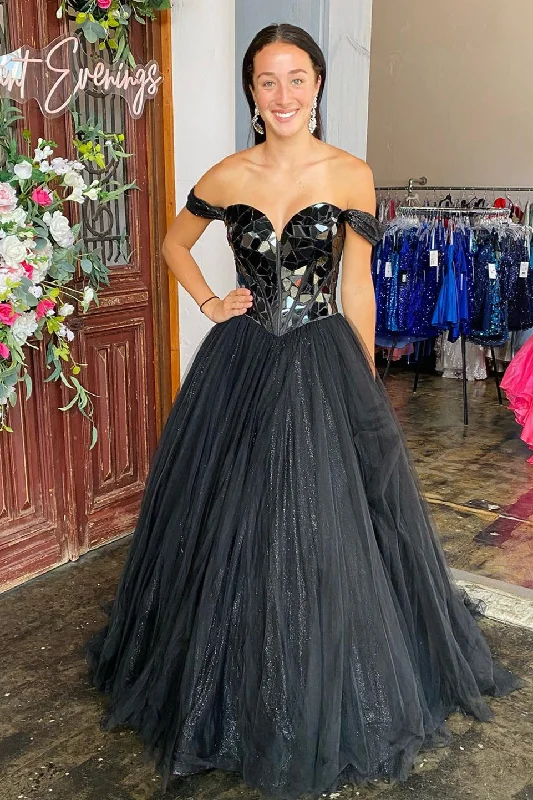 Black Mirror-Cut Sequins Top Off-the-Shoulder A-line Tulle Long Prom Dress Sexy Sequin Gown