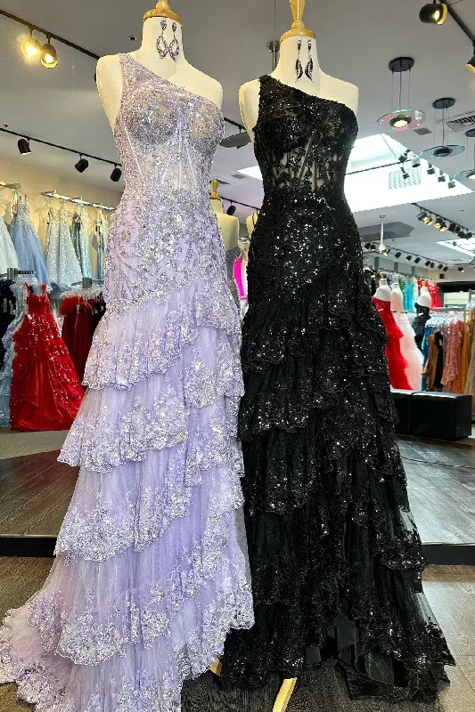 Black One Shoulder Sequined Appliques Multi-Layers Long Prom Dress with Slit Colorful Sequin Dress