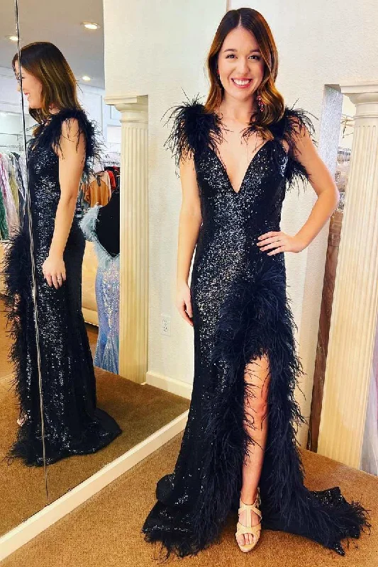 Black Sequin Feather V-Neck Mermaid Long Prom Dress with Slit Ruched Sequin Dress