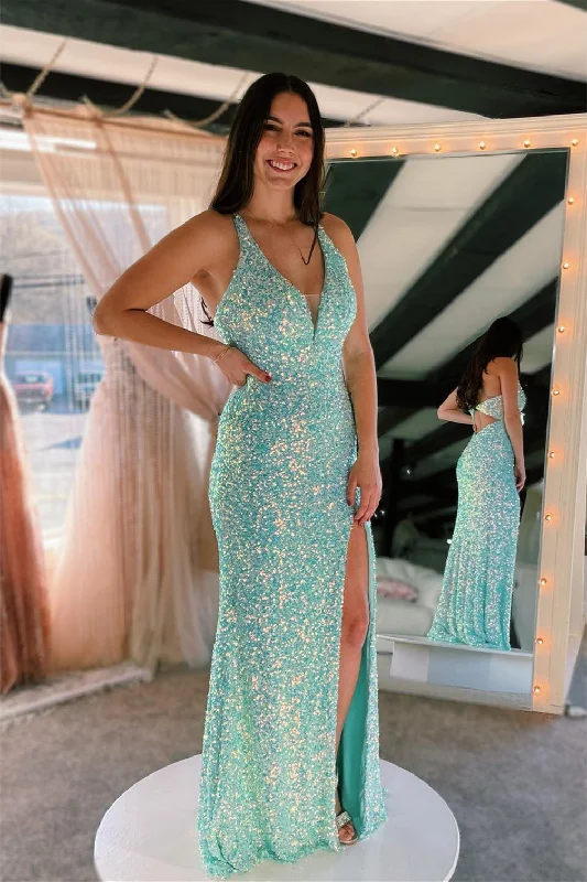 Blue Mermaid V Neck Sequins Halter Cut-Out Long Prom Dress with Slit Plus Size Sequin