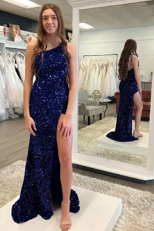 Dark Blue Sequin One-Shoulder Mermaid Long Prom Dress with Slit V-neck Sequin Dress