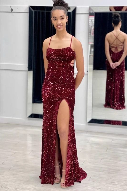 Burgundy Mermaid Lace-Up Back Sequins Long Prom Dress with Slit Sequin Dress Vibe