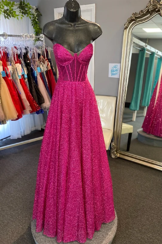 Fuchsia A-line Strapless Sequins Long Prom Dress Formal Sequin Dress