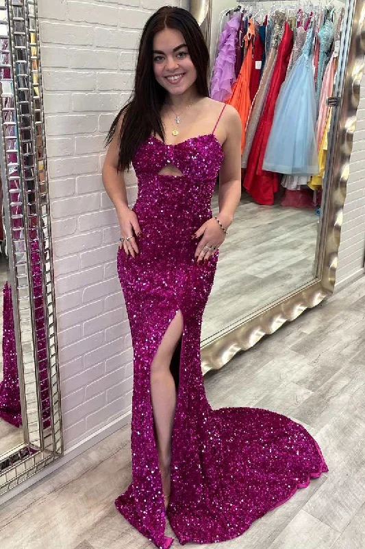 Fuchsia Sequin Keyhole Mermaid Long Prom Dress with Slit Sequin Dress Sleeveless