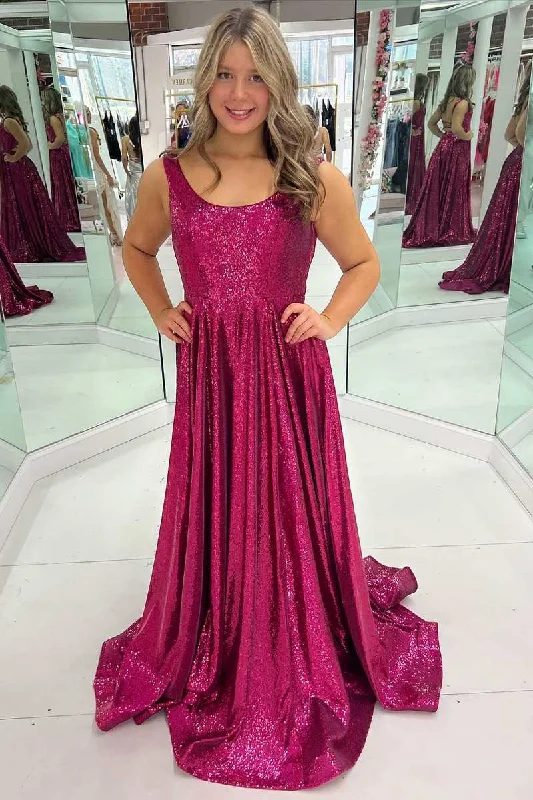 Fuchsia Sequin Round Neck Lace-Up Back A-Line Prom Dress Beautiful Sequin Dress