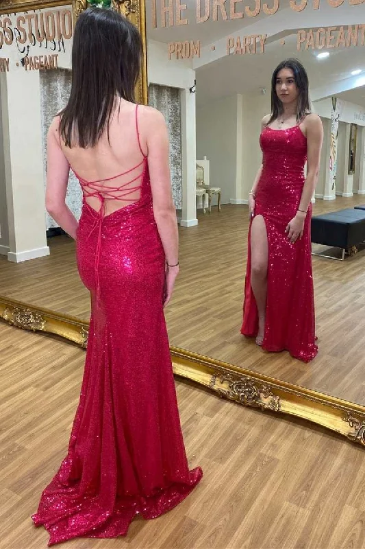 Fuchsia Sequin Scoop Neck Lace-Up Mermaid Long Prom Dress with Slit Silver Glitter Sequin