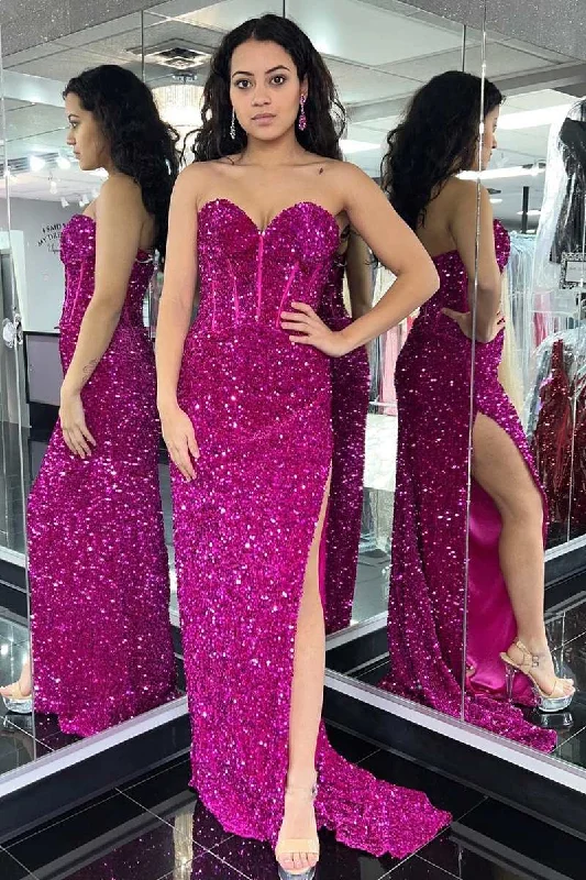 Fuchsia Sequin Sweetheart Mermaid Long Prom Dress with Slit Sequin Dress Party