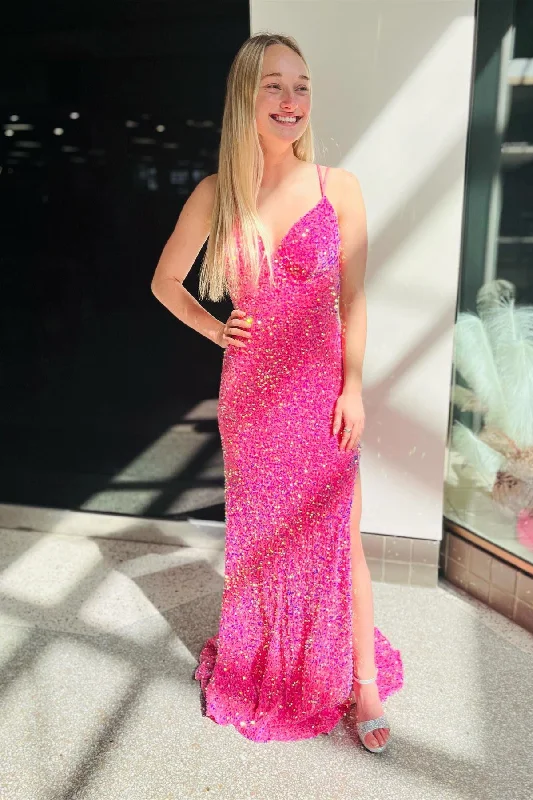 Fuchsia V Neck Double Straps Sequins Cut-Out Long Prom Dress with Slit Short Sequin Dress