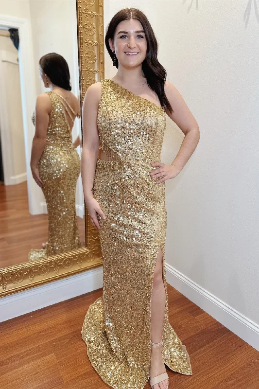 Gold One Shoulder Sequins Straps Cut-Out Long Prom Dress with Slit Metallic Sequin Dress