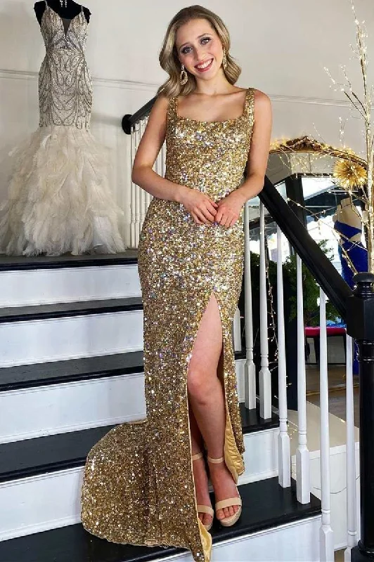 Gold Sequin Square Neck Backless Mermaid Long Formal Dress with Slit High Waist Sequin