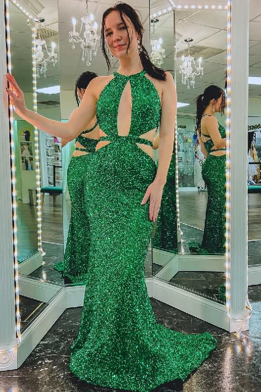 Green Sequin Keyhole Cutout Mermaid Long Formal Dress Flirty Sequin Dress