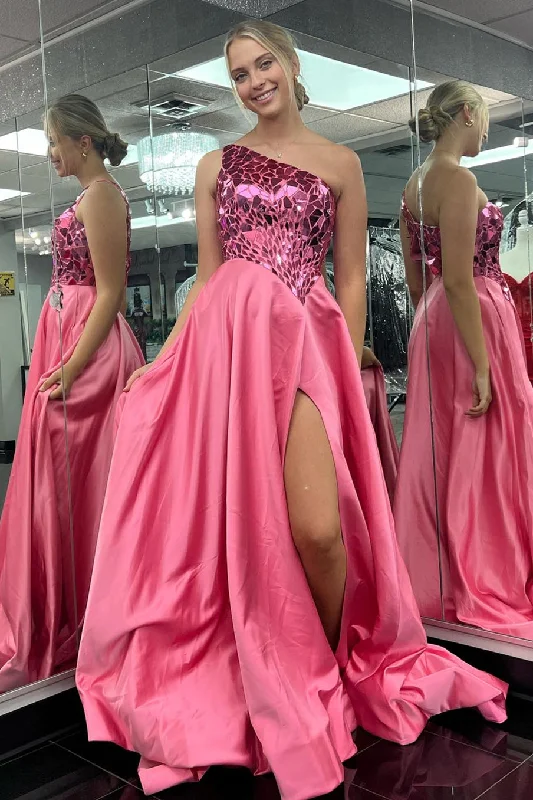 Hot Pink One Shoulder Mirror-Cut Sequins Top Long Prom Dress with Slit Sequin Bodycon Dress