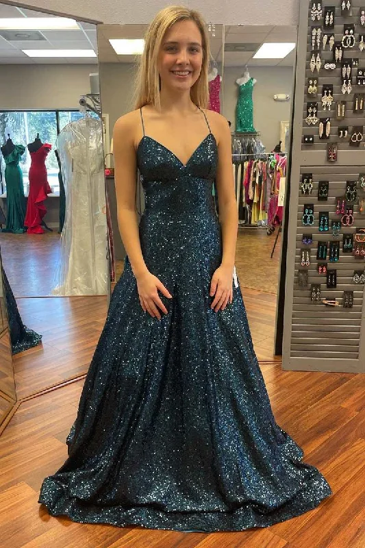 Indigo Sequin V-Neck Lace-Up A-Line Prom Dress Formal Sequin Dress