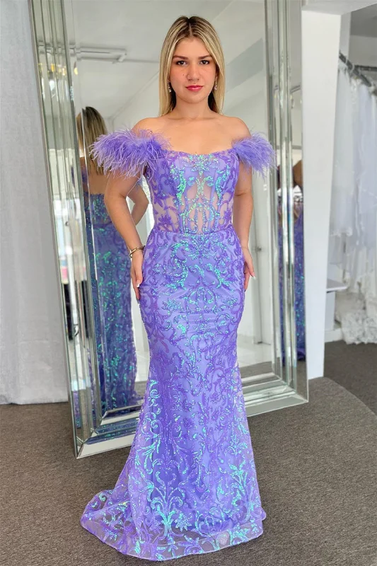 Lavender Off-the-Shoulder Mermaid Sequined Long Prom Dress with Feathers Sequin Dress Outfit