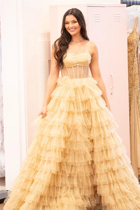 Gold Strapless Sequined A-line Multi-Layers Long Prom Dress Party Sequin Dress