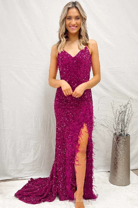 Magenta Sequin Feather Lace-Up Back Mermaid Long Formal Dress Sequin Dress Look