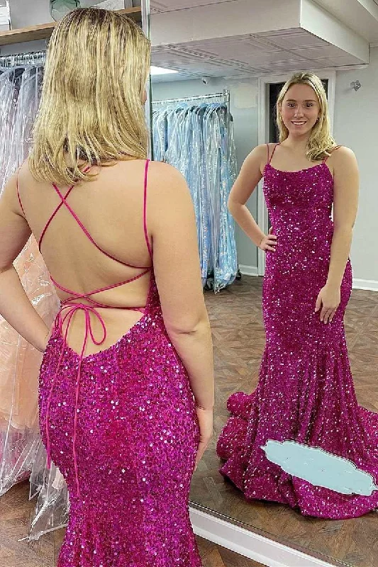 Magenta Sequin Scoop Neck Lace-Up Mermaid Long Formal Dress Sequin Dress Trend