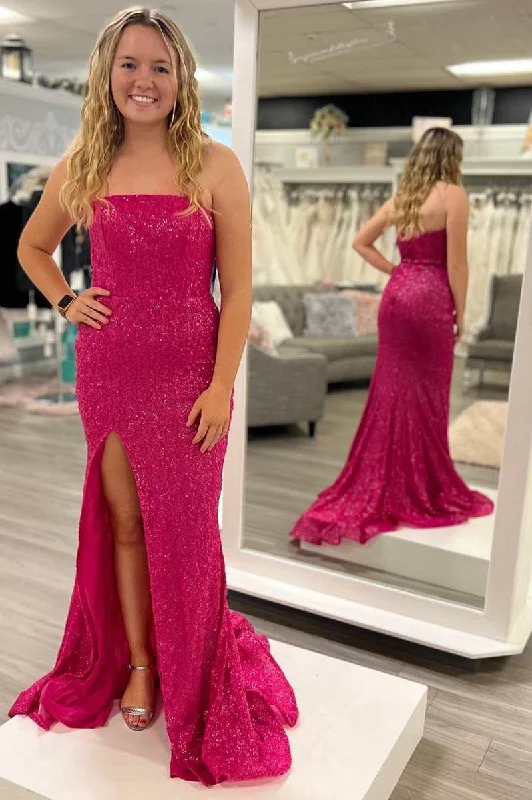 Magenta Sequin Strapless Mermaid Long Prom Dress with Slit Stylish Sequin Dress