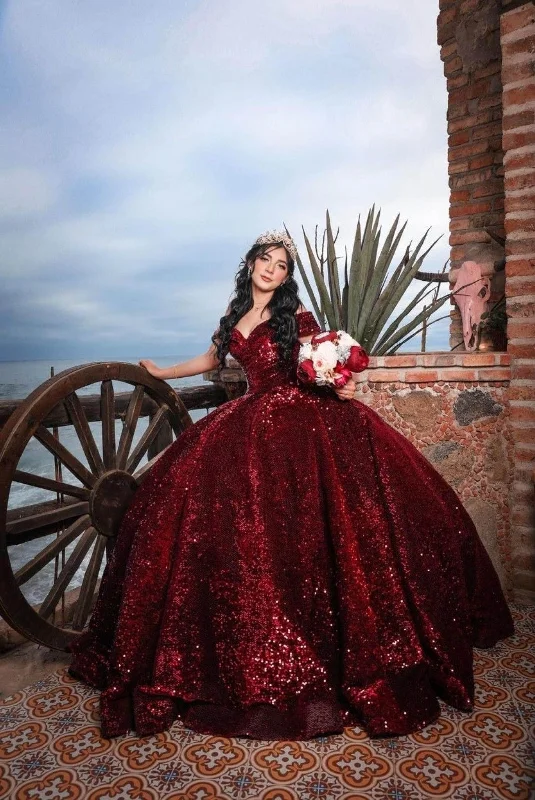 Off The Shoulder Burgundy Sequins Ball Gown,Sweet 16 Dress,Quinceanera Dress  Y2203 Black Sequin Dress