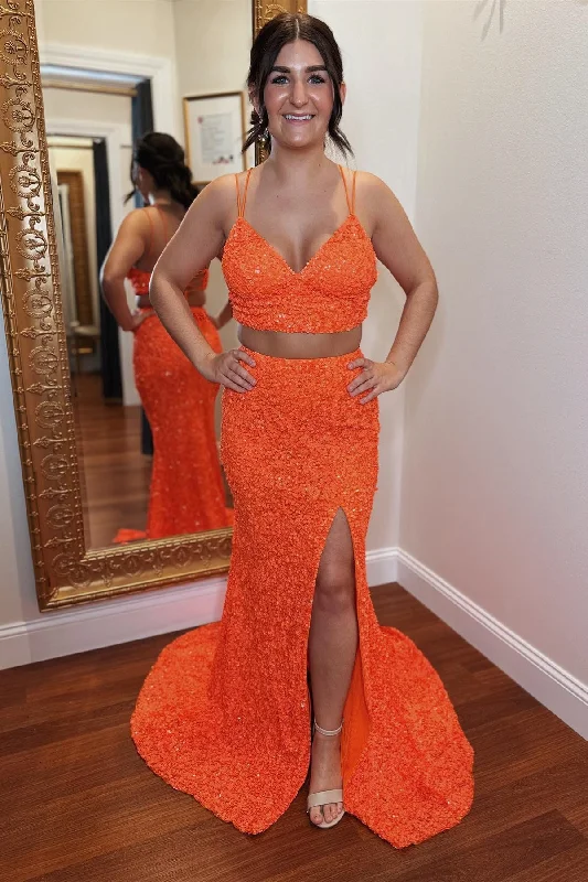 Orange Two Piece Lace-Up Double Straps Sequins Long Prom Dress with Slit Sequin Dress Sparkle