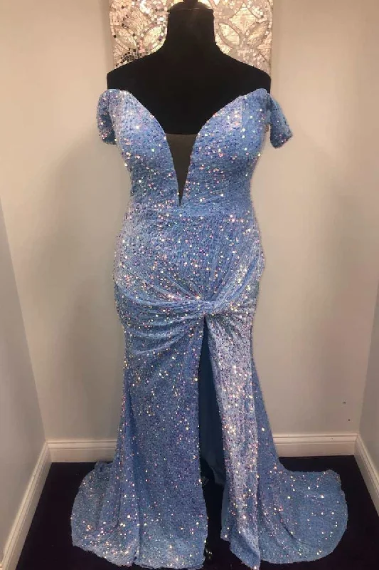 Blue Sequin Off-the-Shoulder Twist-Front Mermaid Long Prom Dress Sequin Gown Party