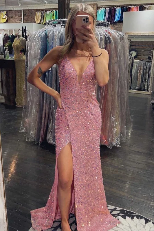 Pink Iridescent Sequin Plunge Neck Lace-Up Long Prom Dress Party Wear Sequin