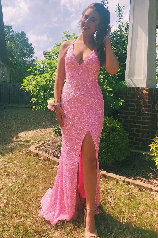 Pink Iridescent Sequin V-Neck Mermaid Long Prom Dress with Slit Sequin Bodycon Dress