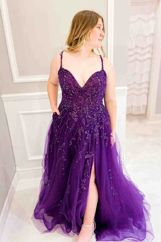 Purple A-line V Neck Applique Sequins Tulle Long Prom Dress Sparkling Sequin Dress