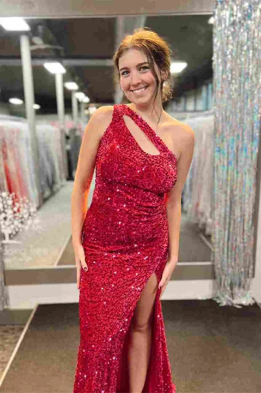 Red Mermaid One Shoulder Cut-Out Sequins Long Prom Dress with Slit Backless Sequin Dress