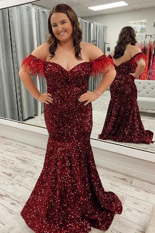 Red Sequin Feather Off-the-Shoulder Trumpet Long Prom Dress Sequin Dress Party