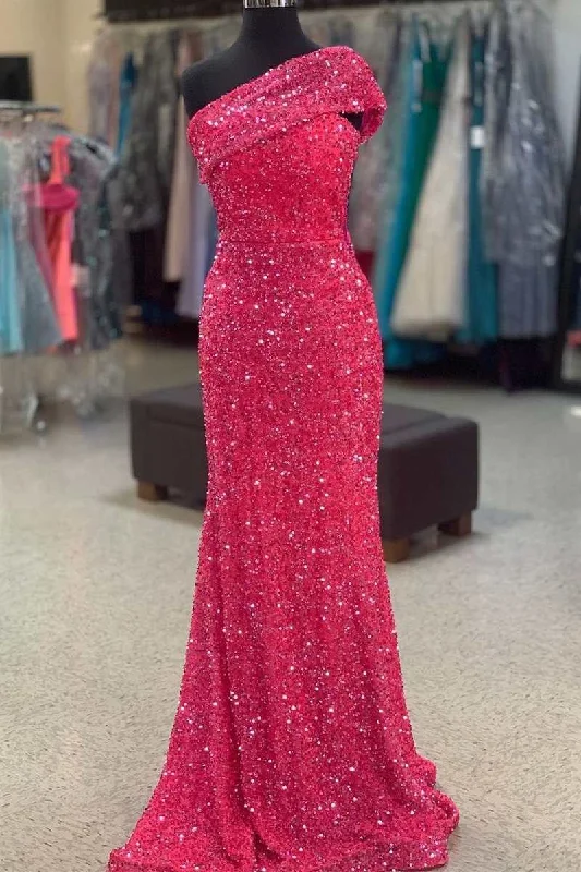 Hot Pink Sequin One-Shoulder Mermaid Long Prom Dress Sequin Dress Sparkle