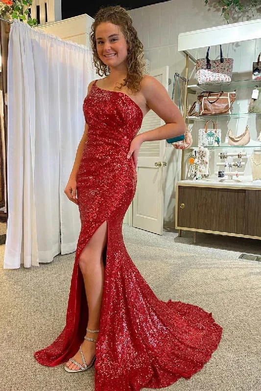 Red Sequin One-Shoulder Ruched Mermaid Long Prom Gown V-neck Sequin Dress