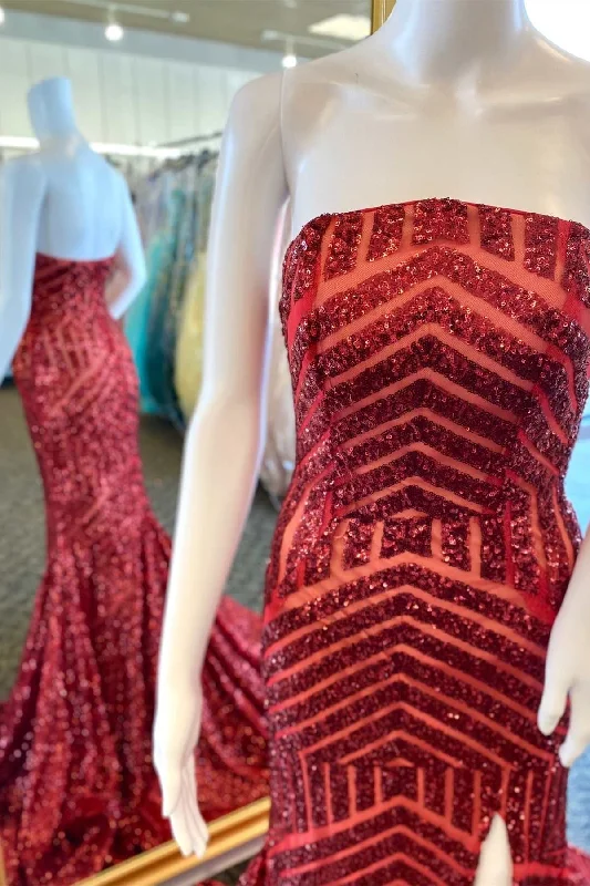 Red Sequin Strapless Mermaid Long Prom Dress with Slit Vintage Sequin Dress