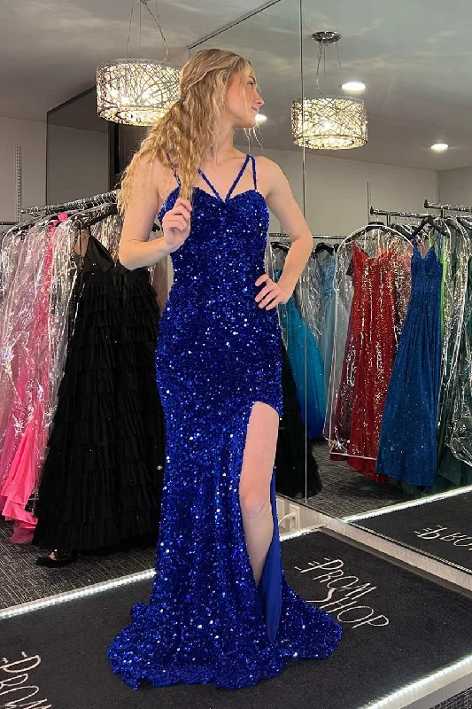 Royal Blue Mermaid Straps Sequins Long Prom Dress with Slit Sequin Dress Long