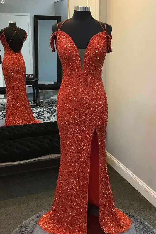 Red Sequin Off-the-Shoulder Mermaid Long Prom Dress with Slit High Neck Sequin