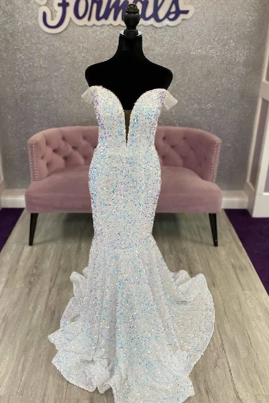 White Iridescent Sequin Off-the-Shoulder Cutout Back Trumpet Long Prom Dress Short Sequin Dress