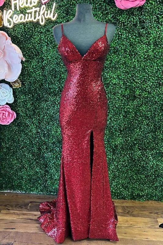 Wine Red Sequin Empire Waist Mermaid Long Formal Dress with Slit Sequin Gown Party