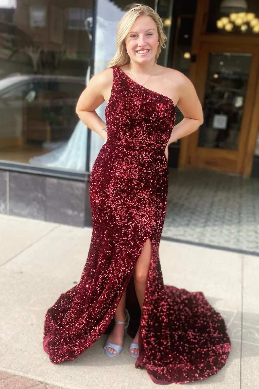 Wine Red Sequin One-Shoulder Long Prom Gown with Slit Sequin Dress Twist