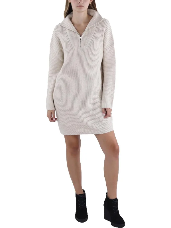 Lana Womens Ribbed 1/4 Zip Sweaterdress Flared Sweater Dress